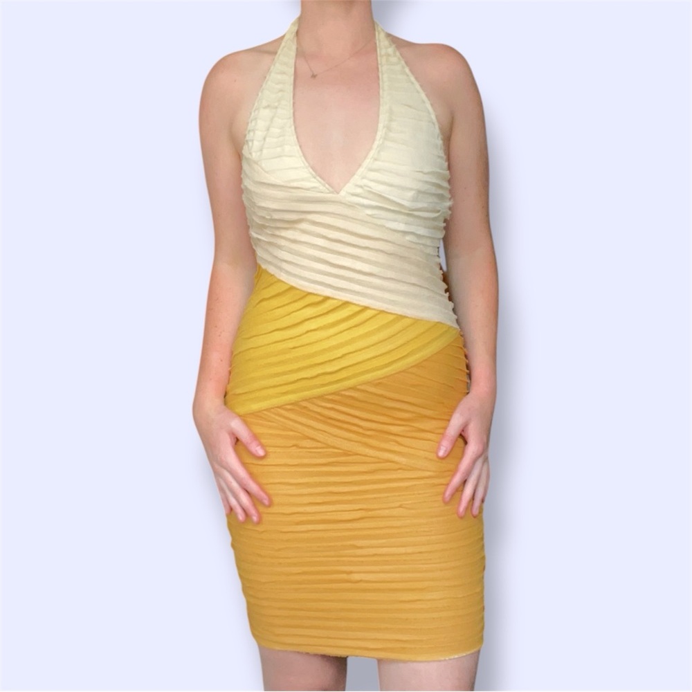 Bebe Cream and Yellow Ruched Halter Bodycon Dress